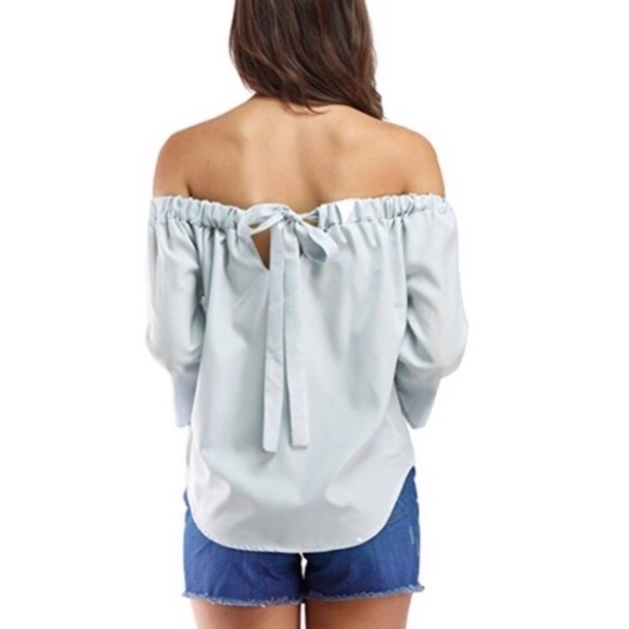 Tops - Off Shoulder Bow Tie Back Shirttail Hem Blouse Baby Blue
